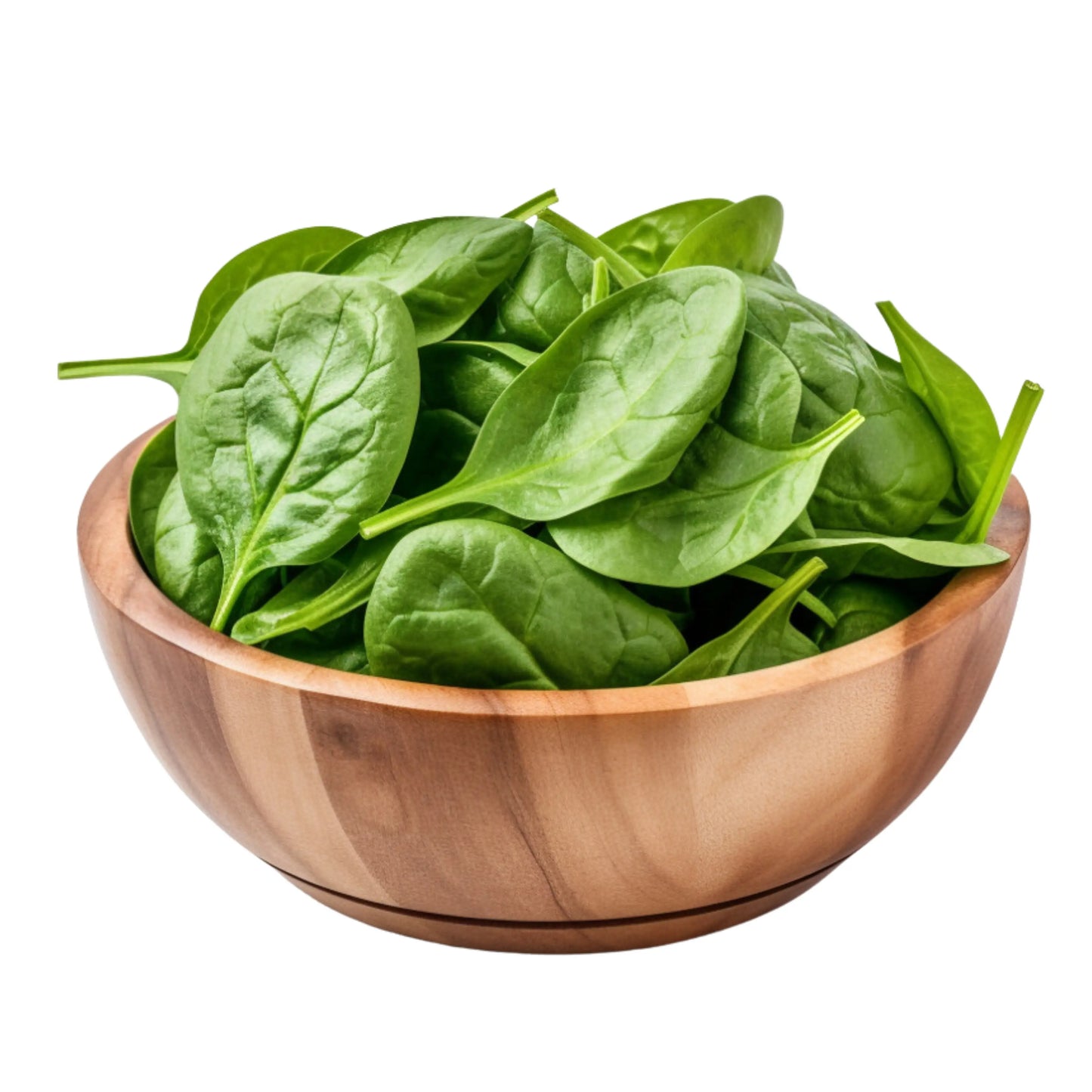 wooden bowl filled with baby spinach leaves
