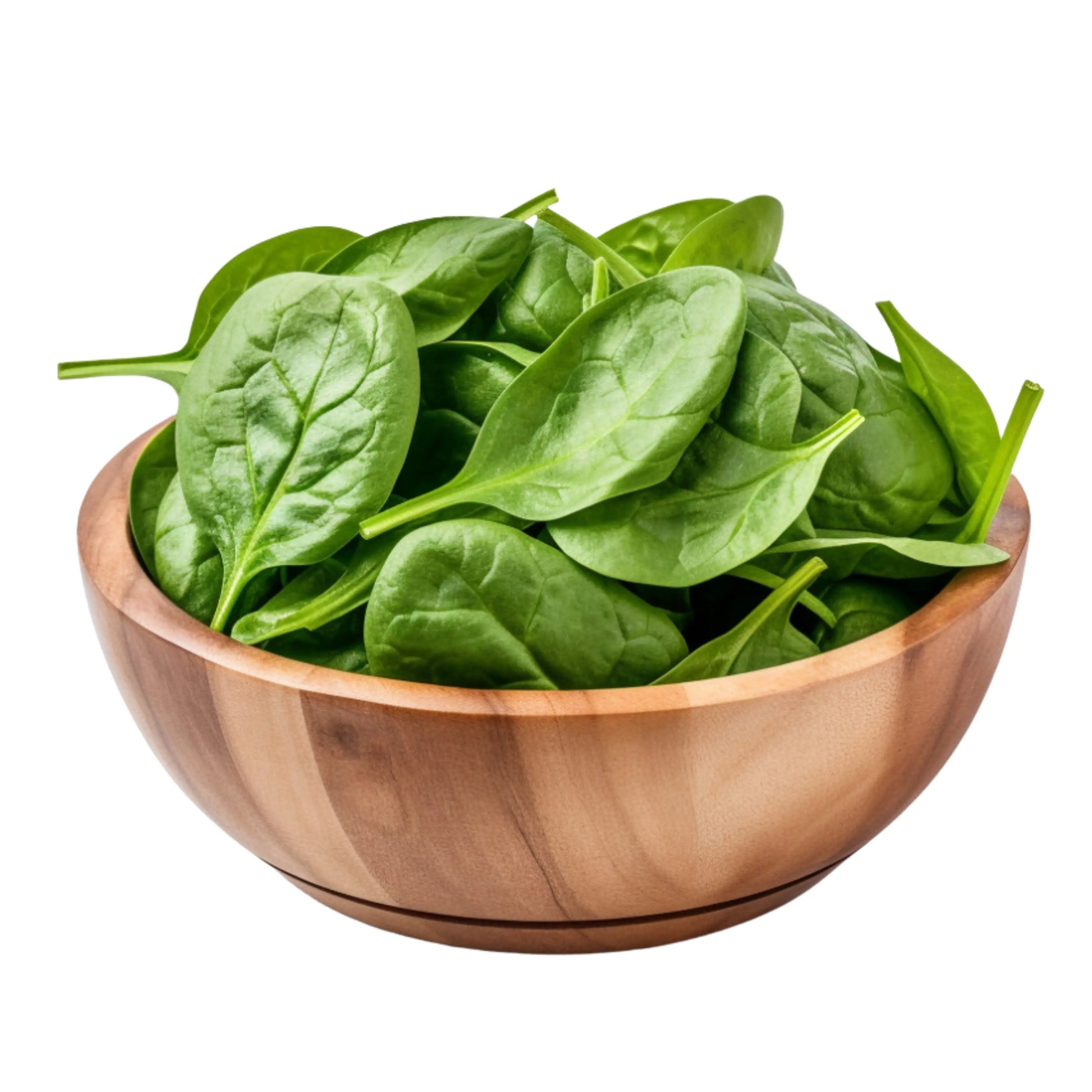 wooden bowl filled with baby spinach leaves