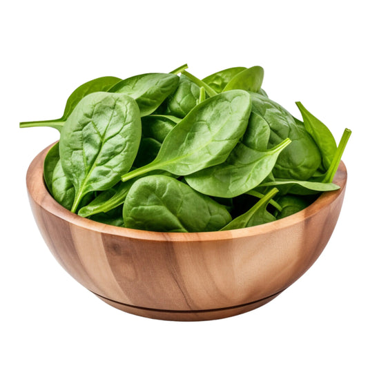 wooden bowl filled with baby spinach leaves
